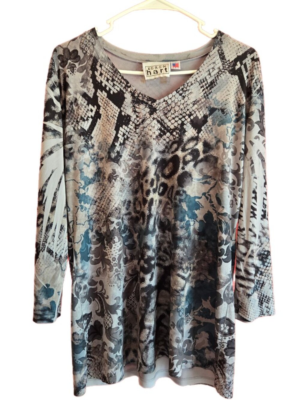 KEREN hart Women's L Polyester Spandex Multicolor V-Neck 3/4 Sleeve Top USA
